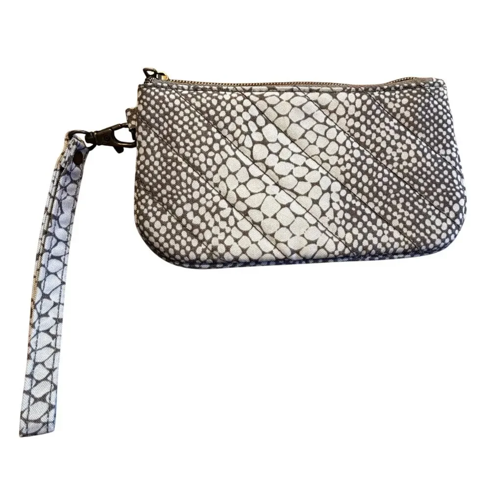Travelon zip top wristlet wallet pouch coin purse gray animal print detach strap